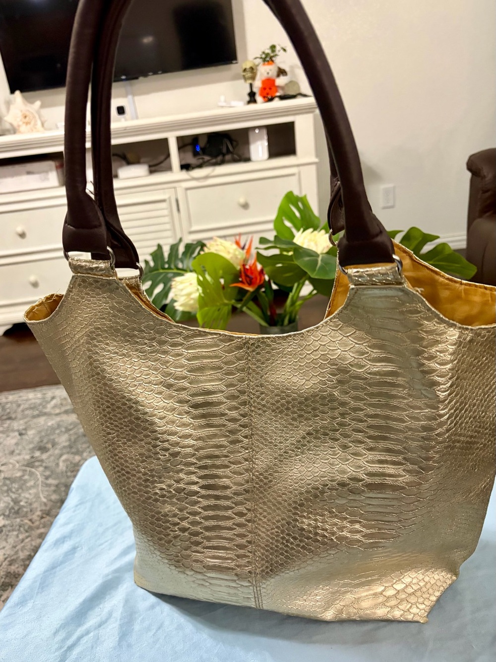 Neimen Marcus Gold Snake Skin Textured Tote Bag with Dark Brown Leather Handles